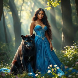 A captivating 20-year-old brown-skinned princess with long, wavy hair cascading elegantly down her shoulders stands in a magical forest