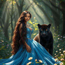A captivating 20-year-old brown-skinned princess with long, wavy hair cascading elegantly down her shoulders stands in a magical forest