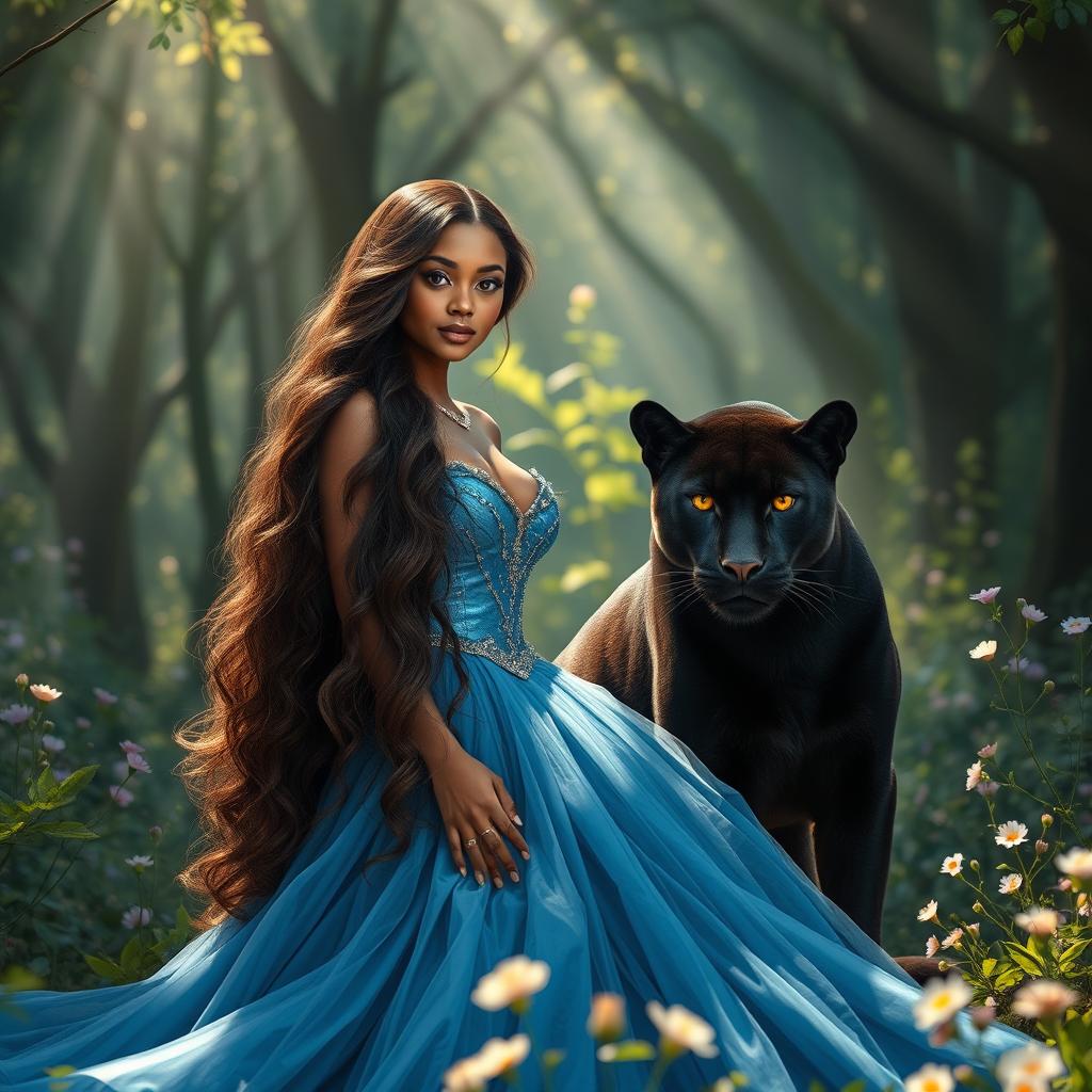 A captivating 20-year-old brown-skinned princess with long, wavy hair cascading elegantly down her shoulders stands in a magical forest