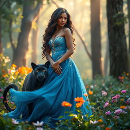 A beautiful 20-year-old brown-skinned princess with long, wavy hair cascading down her back stands proudly in a mystical forest
