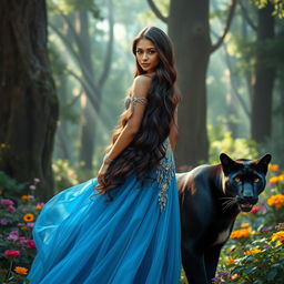 A beautiful 20-year-old brown-skinned princess with long, wavy hair cascading down her back stands proudly in a mystical forest