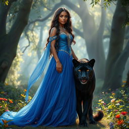 A beautiful 20-year-old brown-skinned princess with long, wavy hair cascading down her back stands proudly in a mystical forest