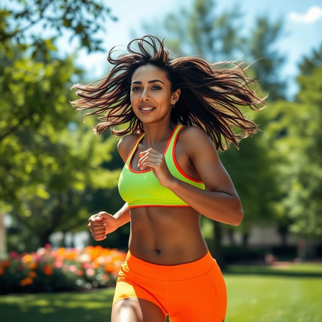 A dynamic capture of a woman running gracefully through a lush green park, her hair flowing behind her