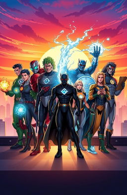 A dynamic and vibrant illustration of ten unique heroes standing together, each showcasing their distinct powers and personalities