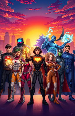 A dynamic and vibrant illustration of ten unique heroes standing together, each showcasing their distinct powers and personalities