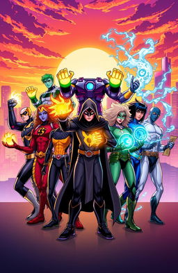 A dynamic and vibrant illustration of ten unique heroes standing together, each showcasing their distinct powers and personalities