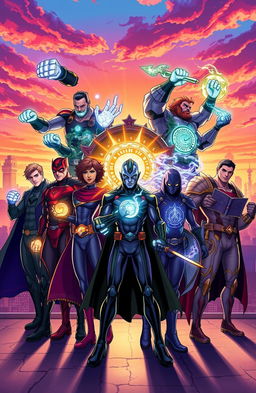 A dynamic and vibrant illustration of ten unique heroes standing together, each showcasing their distinct powers and personalities
