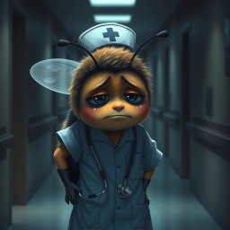 A weary little bee, depicted as a nurse in a medical uniform, with a sad expression, is leaving for a night shift in a dark department
