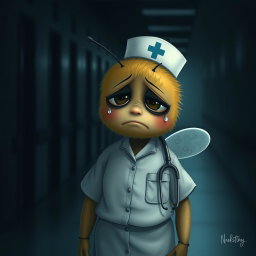 A weary little bee, depicted as a nurse in a medical uniform, with a sad expression, is leaving for a night shift in a dark department