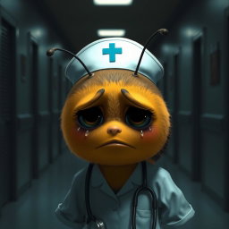 A weary little bee, depicted as a nurse in a medical uniform, with a sad expression, is leaving for a night shift in a dark department