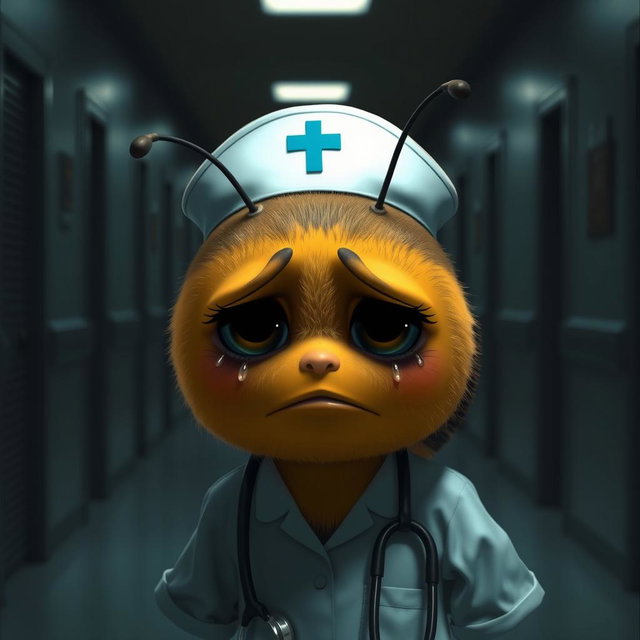 A weary little bee, depicted as a nurse in a medical uniform, with a sad expression, is leaving for a night shift in a dark department