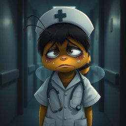 A weary little bee, depicted as a nurse in a medical uniform, with a sad expression, is leaving for a night shift in a dark department