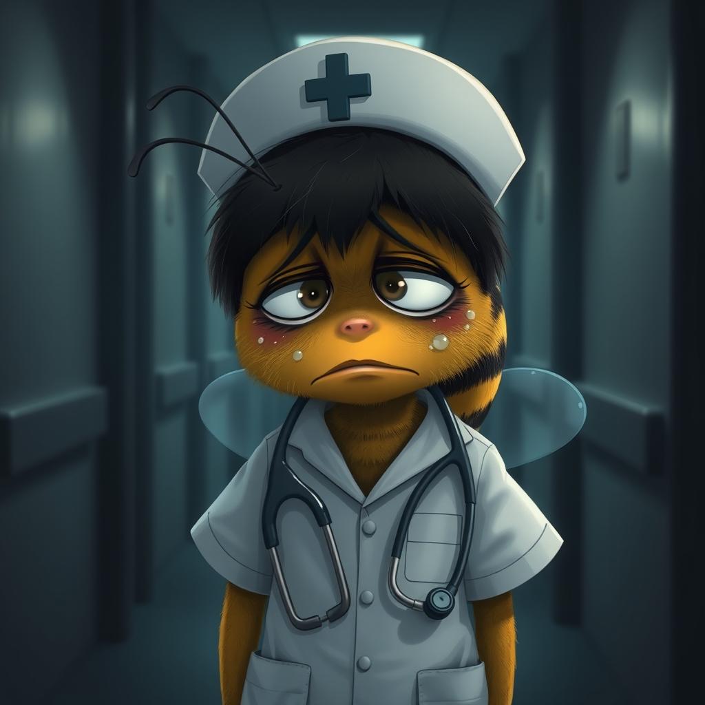A weary little bee, depicted as a nurse in a medical uniform, with a sad expression, is leaving for a night shift in a dark department