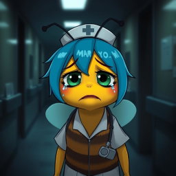 A weary little bee with blue hair and green sad eyes, depicted as a nurse in a medical uniform, is crying as it leaves for a night shift in a dark department
