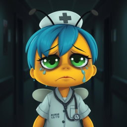A weary little bee with blue hair and green sad eyes, depicted as a nurse in a medical uniform, is crying as it leaves for a night shift in a dark department