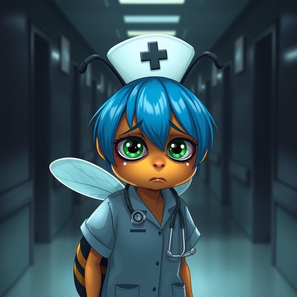 A weary little bee with blue hair and green sad eyes, depicted as a nurse in a medical uniform, is crying as it leaves for a night shift in a dark department