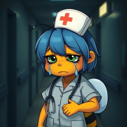 A weary little bee with blue hair and green sad eyes, depicted as a nurse in a medical uniform, is crying as it leaves for a night shift in a dark department