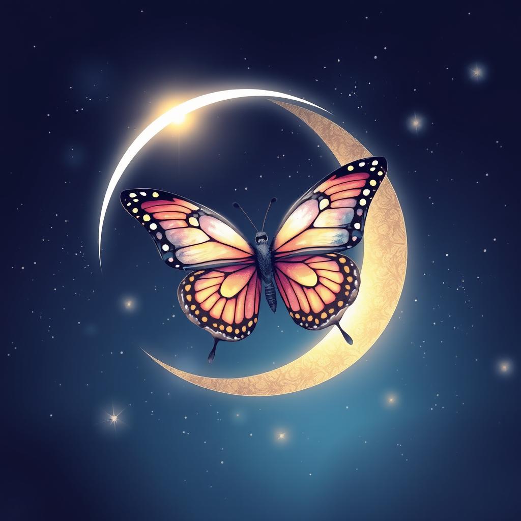 A serene and enchanting design featuring a crescent moon intertwined with a beautifully detailed butterfly