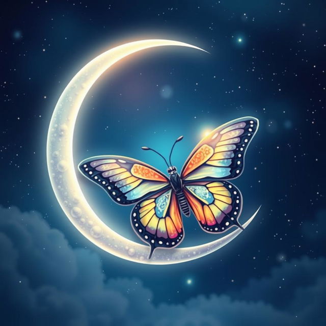 A serene and enchanting design featuring a crescent moon intertwined with a beautifully detailed butterfly