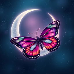 A serene and enchanting design featuring a crescent moon intertwined with a beautifully detailed butterfly
