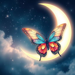 A serene and enchanting design featuring a crescent moon intertwined with a beautifully detailed butterfly