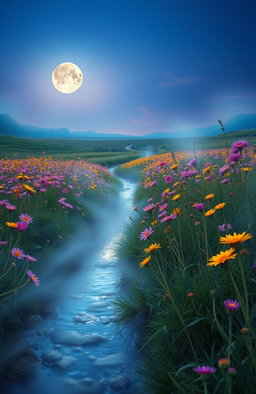 A serene and ethereal scene depicting a field of wildflowers under a twilight sky