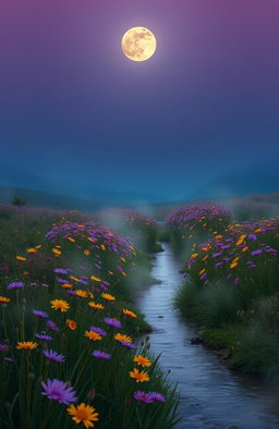 A serene and ethereal scene depicting a field of wildflowers under a twilight sky