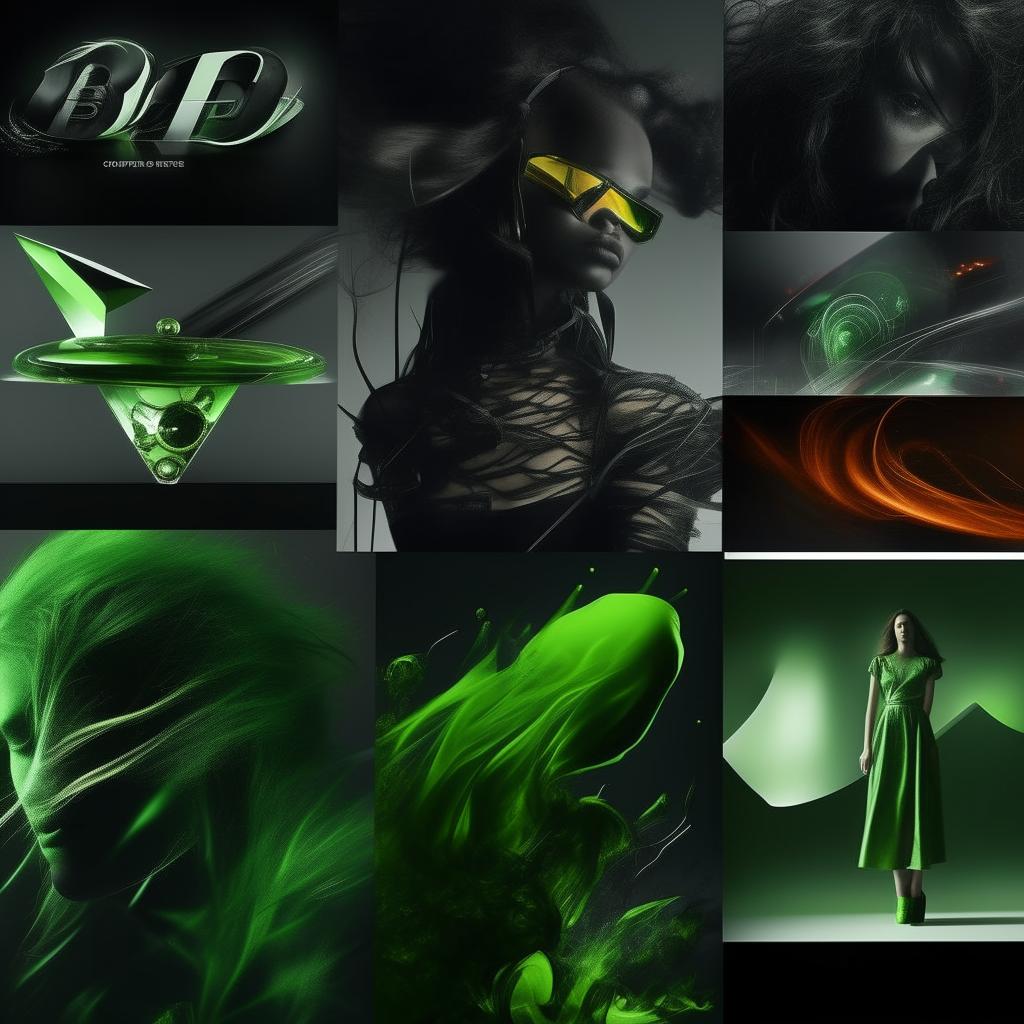 Re-display the moodboard for the 'BDE' brand, emphasizing dark tones, especially black and green, vibrant high-energy visuals and dynamic shapes.