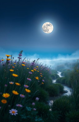 A serene and ethereal scene depicting a field of wildflowers under a twilight sky
