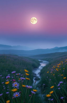 A serene and ethereal scene depicting a field of wildflowers under a twilight sky
