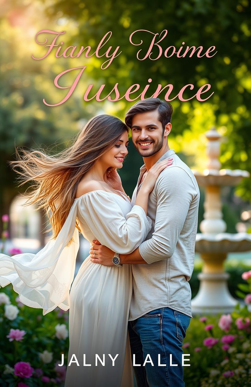 A romantic book cover featuring a couple in a lush, sunlit garden, embracing each other intimately