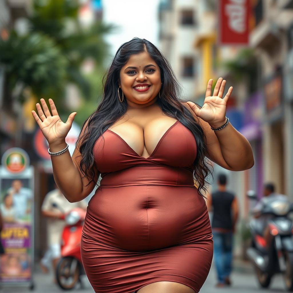 A South Indian chubby woman exuding confidence and allure, wearing a very tight short dress that accentuates her curvy figure