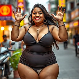 A South Indian chubby woman exuding confidence and allure, wearing a very tight short dress that accentuates her curvy figure