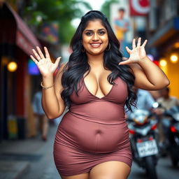 A South Indian chubby woman exuding confidence and allure, wearing a very tight short dress that accentuates her curvy figure