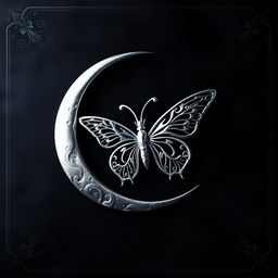 A stunning silver symbol of a crescent moon intricately entwined with a beautifully designed butterfly