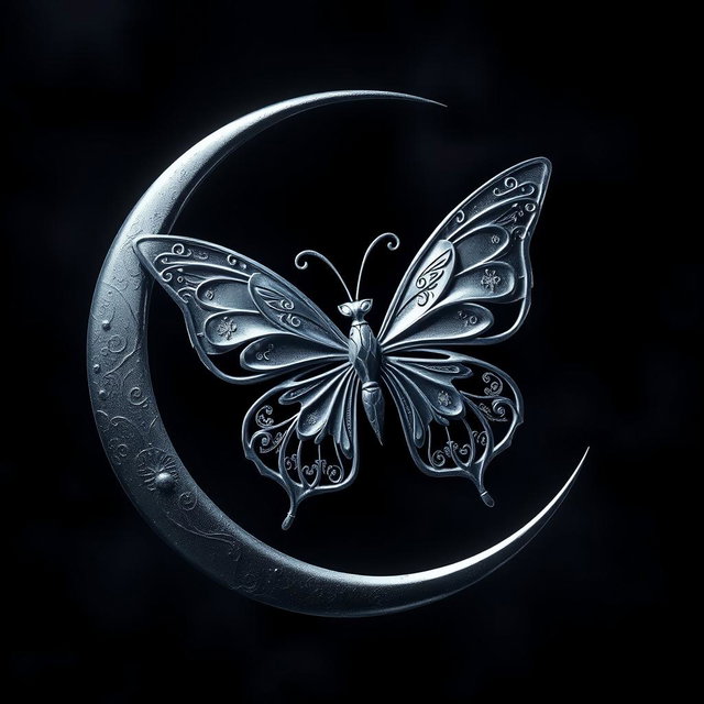 A stunning silver symbol of a crescent moon intricately entwined with a beautifully designed butterfly