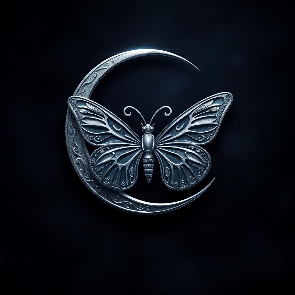 A stunning silver symbol of a crescent moon intricately entwined with a beautifully designed butterfly