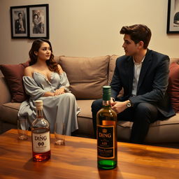 A cozy living room scene featuring a woman sitting on a comfortable sofa, wearing a flowing night dress