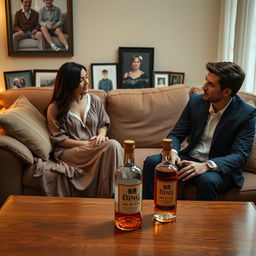 A cozy living room scene featuring a woman sitting on a comfortable sofa, wearing a flowing night dress