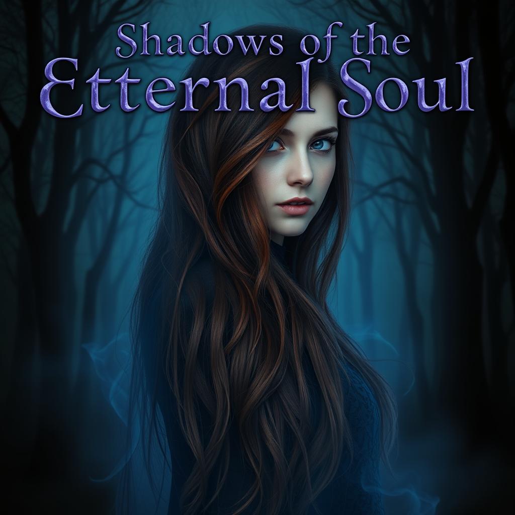 A 27-year-old woman with very long dark copper hair, depicted with a spectral bluish shadow surrounding her