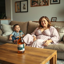 A cozy living room scene where a mother with large breasts is comfortably seated on a sofa, wearing a flowing night dress