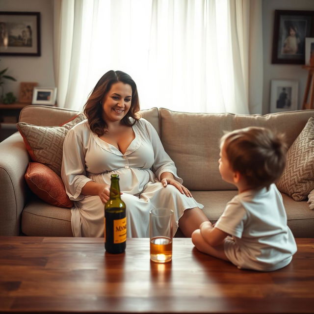 A cozy living room scene where a mother with large breasts is comfortably seated on a sofa, wearing a flowing night dress