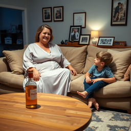 A cozy living room scene where a mother with large breasts is comfortably seated on a sofa, wearing a flowing night dress