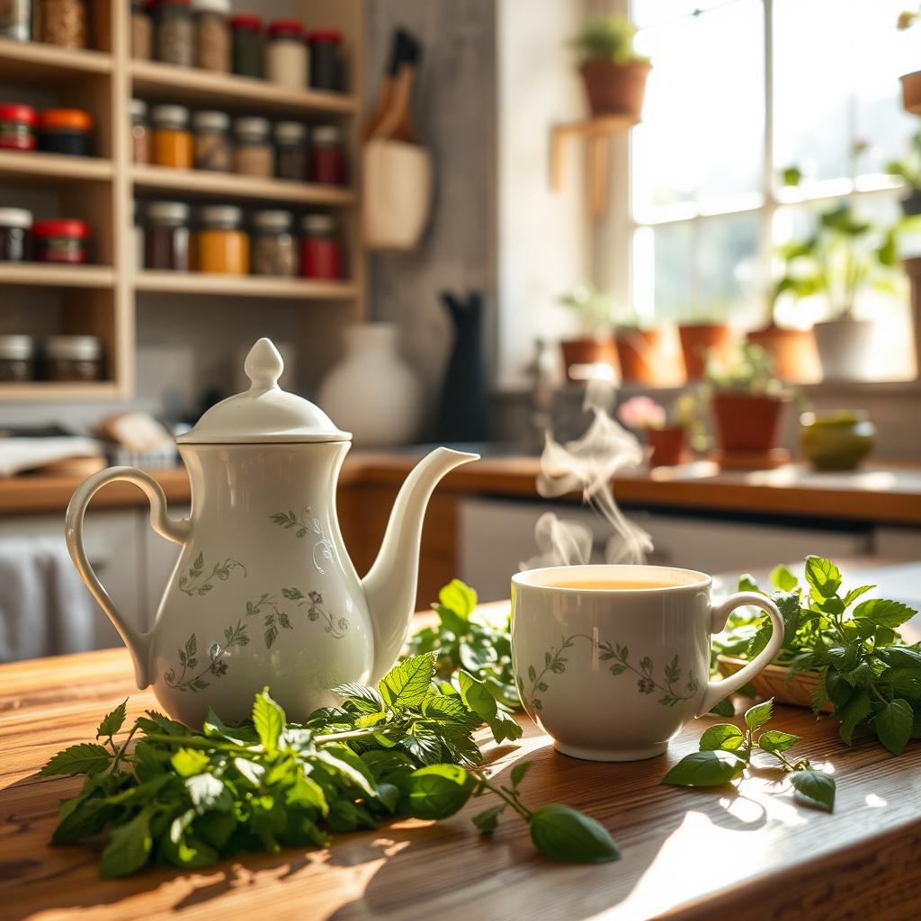 A cozy scene in a sunlit kitchen featuring a beautiful white ceramic teapot with intricate floral designs, a steaming cup of herbal tea on a wooden kitchen table surrounded by fresh herbs like mint and basil