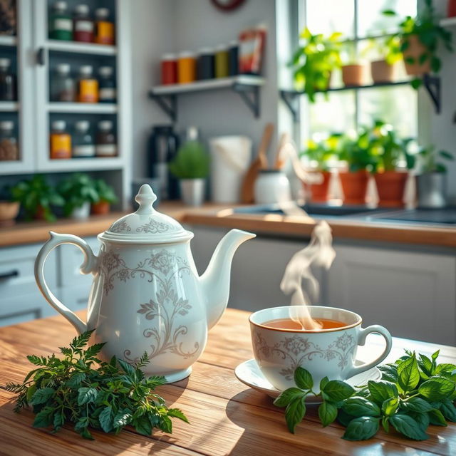 A cozy scene in a sunlit kitchen featuring a beautiful white ceramic teapot with intricate floral designs, a steaming cup of herbal tea on a wooden kitchen table surrounded by fresh herbs like mint and basil