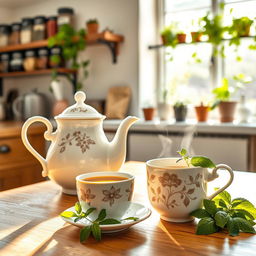 A cozy scene in a sunlit kitchen featuring a beautiful white ceramic teapot with intricate floral designs, a steaming cup of herbal tea on a wooden kitchen table surrounded by fresh herbs like mint and basil