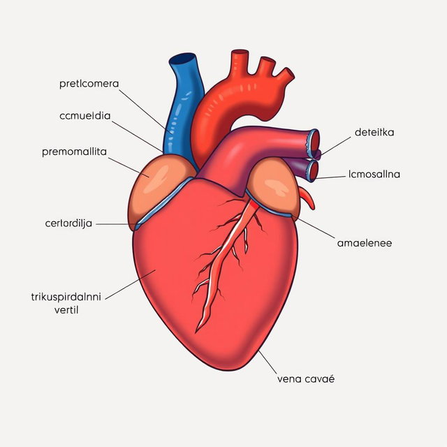 Anatomical illustration of the human heart with clearly labeled parts in Croatian