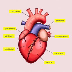 Anatomical illustration of the human heart with clearly labeled parts in Croatian