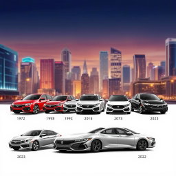 A comprehensive visual representation of all Honda Civic models from the first introduction in 1972 to the latest version in 2023