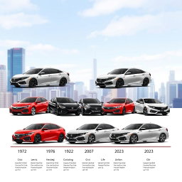 A comprehensive visual representation of all Honda Civic models from the first introduction in 1972 to the latest version in 2023